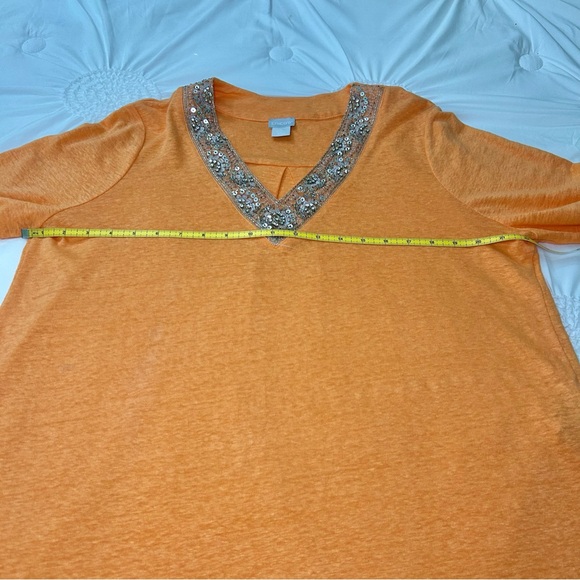 Chico's 100% Linen Orange Sequin V-Neck Long Line Tunic Size Large - Picture 11 of 16